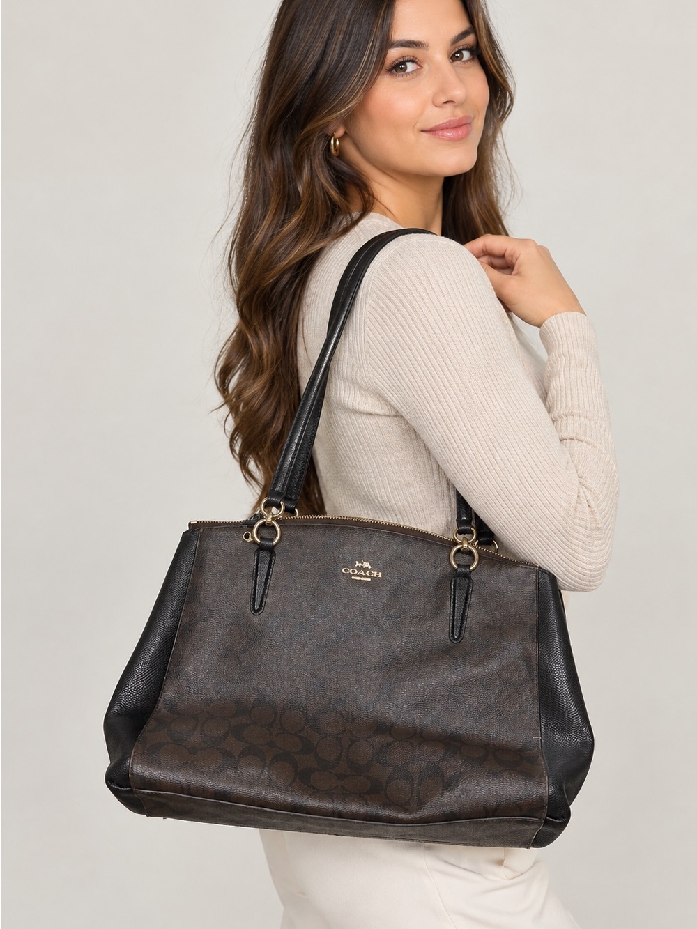 Coach Dark Brown Signature Satchel with Black Trim